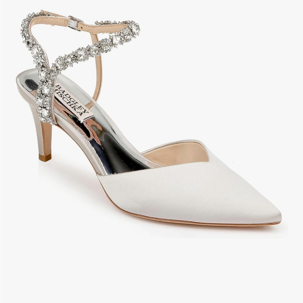 Badgley Mischka Ivory Satin Naomi Heels with Crystal Strap